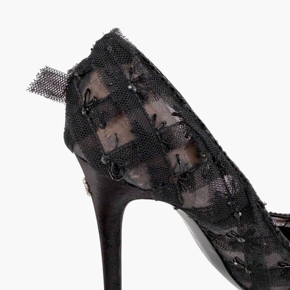 Chanel CC Bead-Embellished Pumps Black Mesh Lace Heels Size 38.5 US 7.5-8 - Picture 14 of 16
